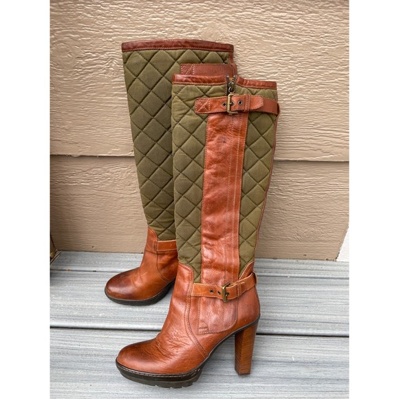 Ralph Lauren Purple‎ Label Italy Size 8B Tall Brown Leather/ Quilted Green Boots - Picture 2 of 16